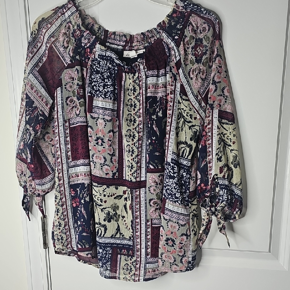 Westport‎ Floral Patchwork Off-Shoulder Tunic - Multicolor 3/4 Sleeve Size L